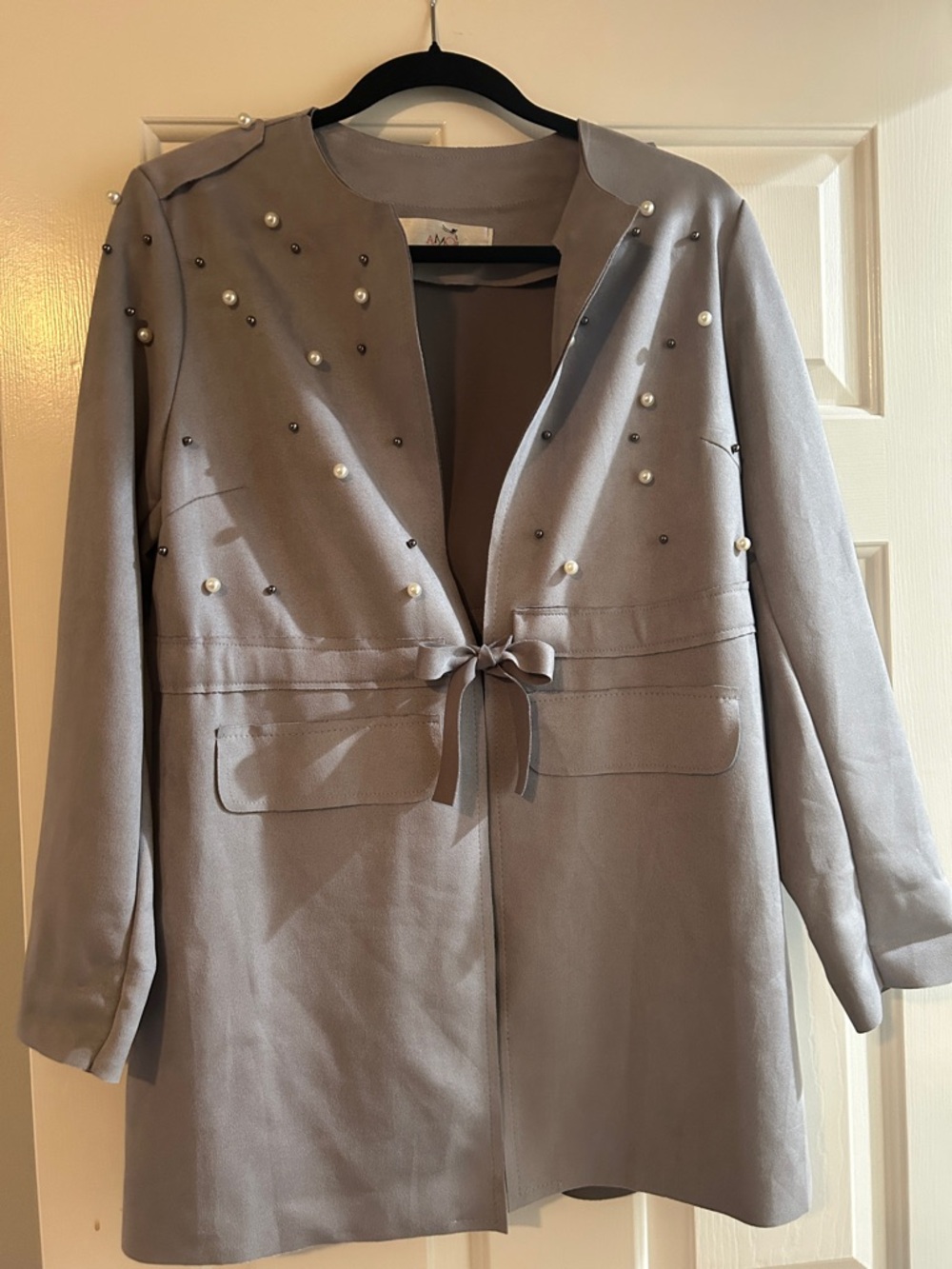 AMO Light Gray Pearl-Embellished Tie-Front Blazer